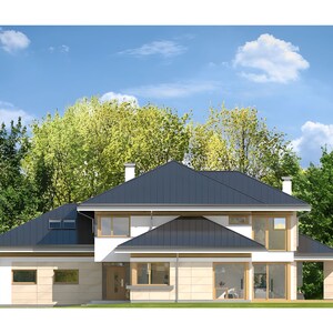 Aerial view of a modern home showcasing its outdoor living space and overall layout. Great for anyone designing or researching floor plans or house blueprints.