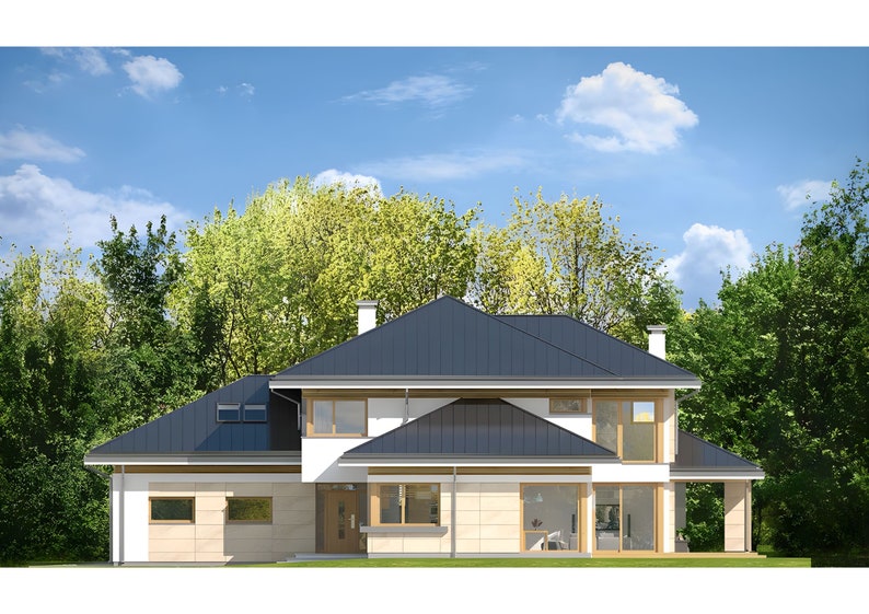 Aerial view of a modern home showcasing its outdoor living space and overall layout. Great for anyone designing or researching floor plans or house blueprints.