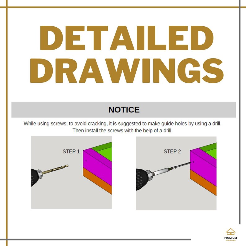 K&ouml;nnte beinhalten: Eine Anleitungsgrafik mit dem Titel DETAILED DRAWINGS und einem Hinweis, vor der Verwendung von Schrauben F&uuml;hrungsl&ouml;cher zu bohren. Schritt 1 zeigt einen Bohrer an einer Holzecke, Schritt 2 zeigt das Eindrehen einer Schraube.