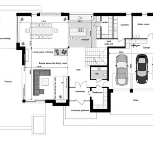 Ground floor plan showcasing a modern layout with a spacious living area, dining room, kitchen, garage for three cars, and outdoor terrace. Ideal for detailed house blueprints and modern house plan enthusiasts.