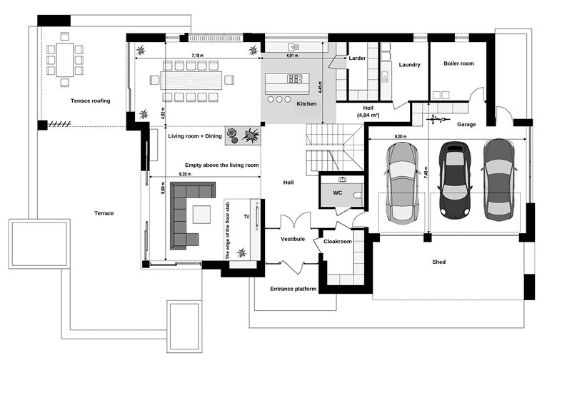 Ground floor plan showcasing a modern layout with a spacious living area, dining room, kitchen, garage for three cars, and outdoor terrace. Ideal for detailed house blueprints and modern house plan enthusiasts.