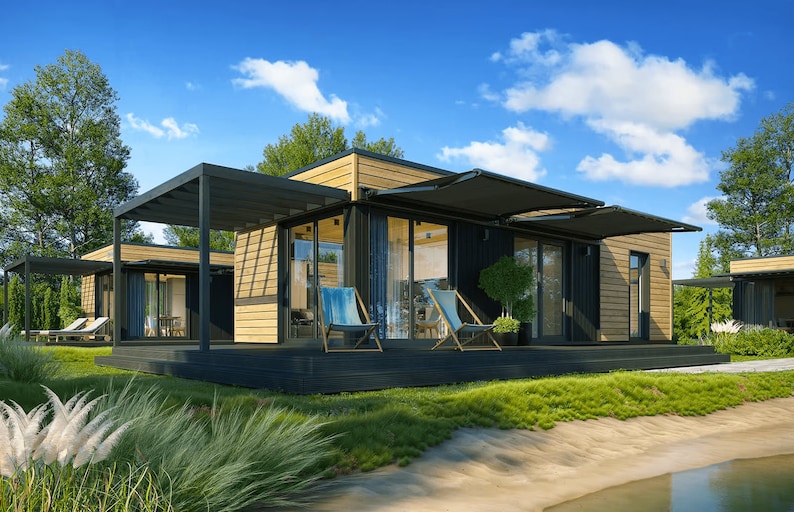 Modern house plans with a sleek wooden exterior and spacious deck, perfect for nature retreats. Ideal for tiny house plans, small cabin plans, or cottage house plans. Includes detailed floor plans for customization.