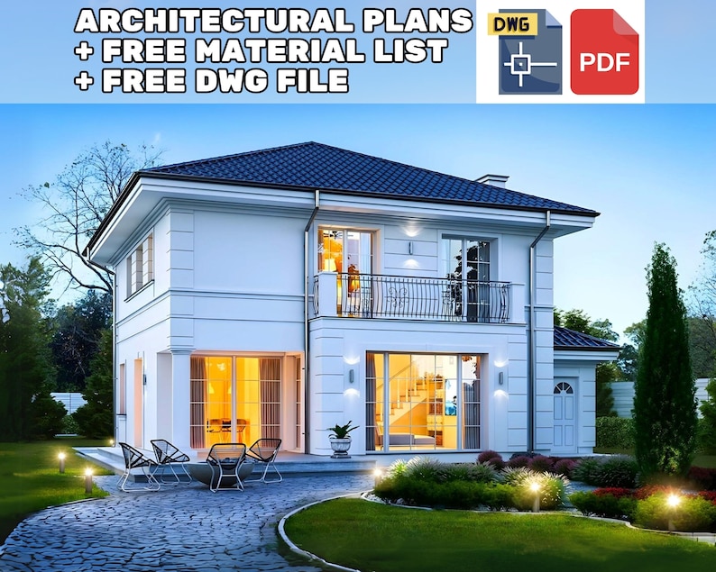 Elegant two-story modern house with large windows and a balcony, surrounded by a landscaped garden. Ideal for house plans, modern house plans, and cottage house plans enthusiasts.