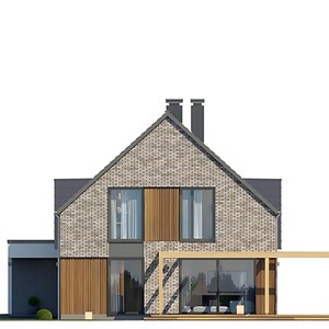 Pu&ograve; includere: Una casa a due piani con facciata in mattoni grigio chiaro, tetto a due falde grigio scuro e due camini. L'esterno presenta pannelli in legno verticali, ampie finestre in vetro, una sezione garage grigio scuro e un pergolato in legno.