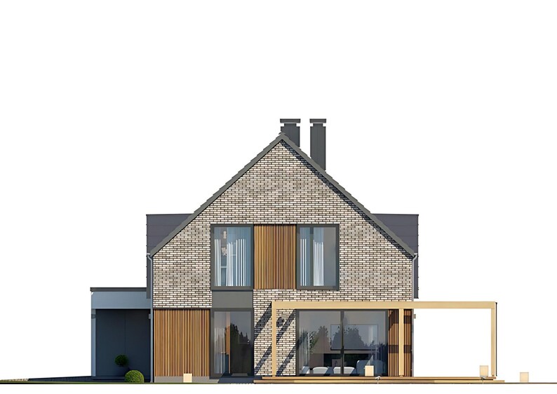 Pu&ograve; includere: Una casa a due piani con facciata in mattoni grigio chiaro, tetto a due falde grigio scuro e due camini. L'esterno presenta pannelli in legno verticali, ampie finestre in vetro, una sezione garage grigio scuro e un pergolato in legno.