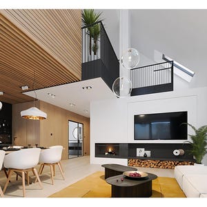 Stylish dining and living area with modern decor and wooden accents. A great example for modern house plans or interior design.
