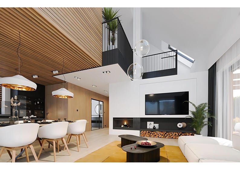 Stylish dining and living area with modern decor and wooden accents. A great example for modern house plans or interior design.