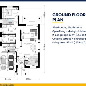 May include: A ground floor plan featuring 3 bedrooms, 2 bathrooms, an open living, dining, and kitchen area, a 2-car garage of 33 m&sup2; (356 sq ft), a covered terrace, an entrance porch, and a total living area of 143 m&sup2; (1535 sq ft).