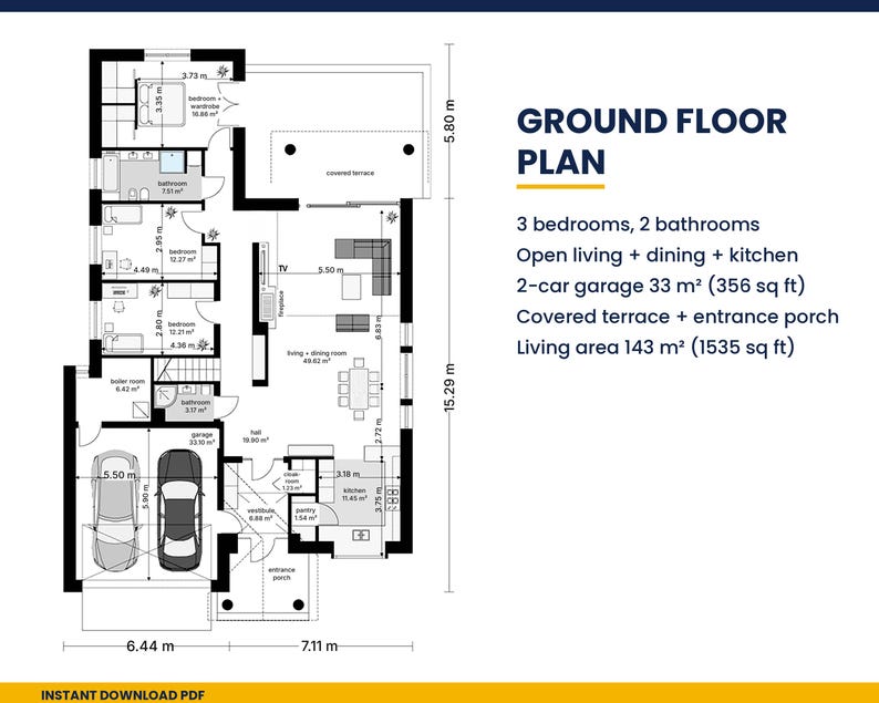 May include: A ground floor plan featuring 3 bedrooms, 2 bathrooms, an open living, dining, and kitchen area, a 2-car garage of 33 m&sup2; (356 sq ft), a covered terrace, an entrance porch, and a total living area of 143 m&sup2; (1535 sq ft).