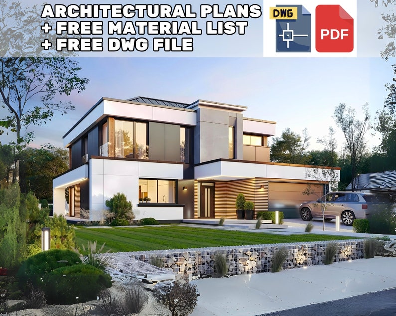 Promotional image of architectural plans for a contemporary villa including a free material list and DWG file, perfect for modern house plans or villa projects.