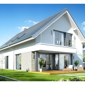 Rear view of a contemporary home featuring a balcony, patio, and well-maintained garden. Perfect for modern house plans and tiny home plans.