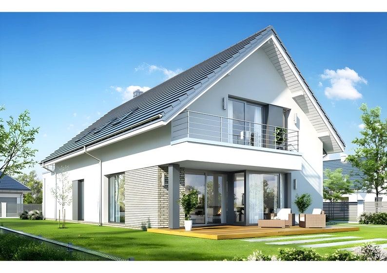 Rear view of a contemporary home featuring a balcony, patio, and well-maintained garden. Perfect for modern house plans and tiny home plans.