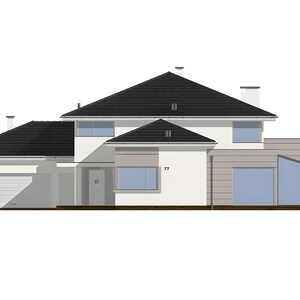 May include: A two-story house illustration with white walls, a dark gray tiled roof, and a garage on the left. The front facade features multiple windows, a central entrance door, and a side section with horizontal paneling and the number 77.