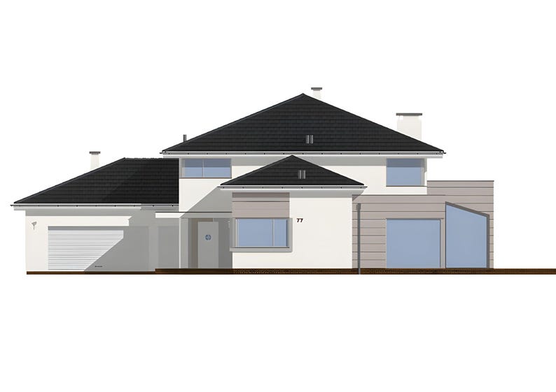 May include: A two-story house illustration with white walls, a dark gray tiled roof, and a garage on the left. The front facade features multiple windows, a central entrance door, and a side section with horizontal paneling and the number 77.