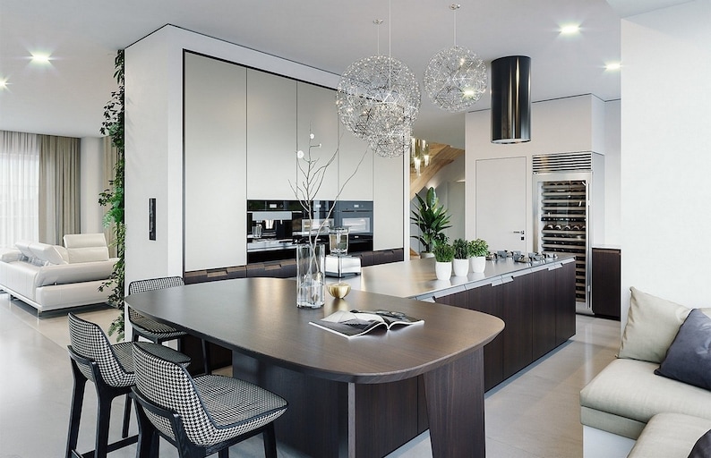 Sleek modern kitchen with a large island, stylish lighting, and an open-plan layout. Ideal for showcasing modern house plans and tiny home plans.