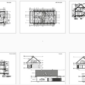 Architectural blueprints of a house including floor plans, cross-sections, and detailed facades. Perfect for detailed house blueprints.