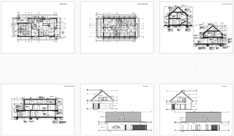 Architectural blueprints of a house including floor plans, cross-sections, and detailed facades. Perfect for detailed house blueprints.