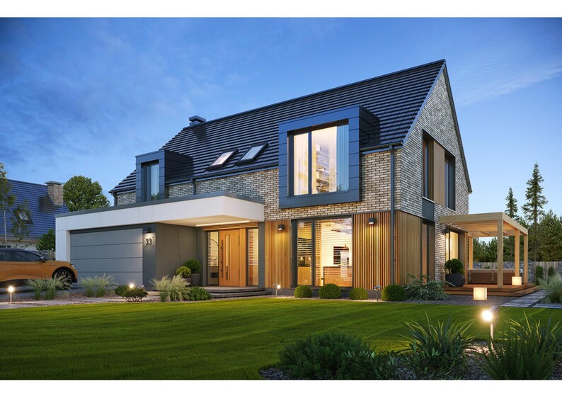 Pu&ograve; includere: Una casa a due piani con facciata in mattoni grigi, tetto in tegole scure e un garage con il numero 33. L'esterno presenta pannelli in legno verticali, ampie finestre, una sporgenza bianca e una struttura a pergola in legno sul lato.