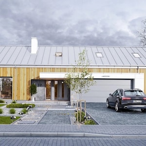 Contemporary single-story house: A modern single-story house with wood-clad exterior, metal roof, and double car garage. Ideal for Scandinavian house plans and barndominium plans.
