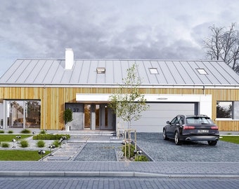 May include: A modern, single-storey house with a metal roof and wood cladding. The house has a garage door and a front door with a glass panel. There is a small tree in front of the house and a car parked on the driveway.