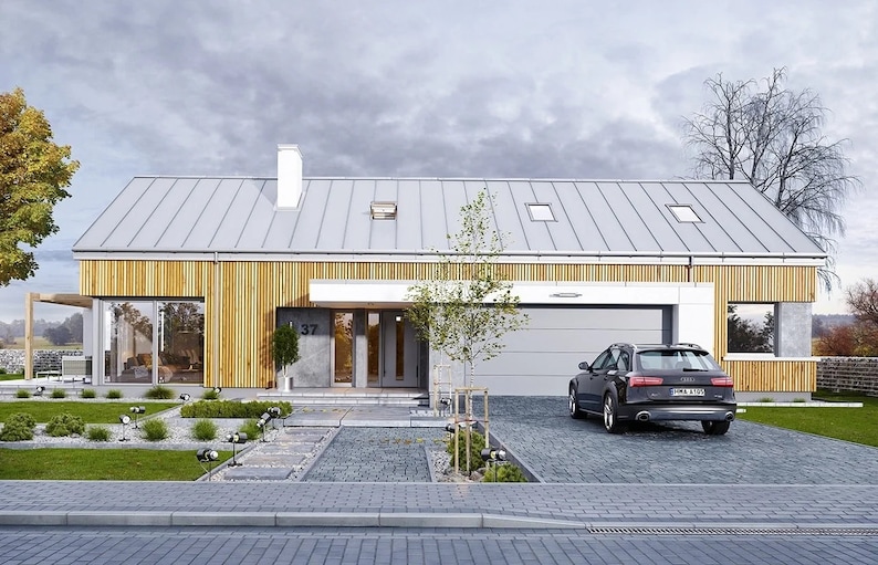 Contemporary single-story house: A modern single-story house with wood-clad exterior, metal roof, and double car garage. Ideal for Scandinavian house plans and barndominium plans.