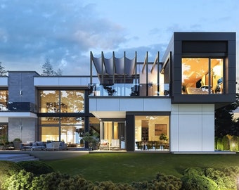 May include: A modern, two-story house with large windows and a white exterior. The house has a flat roof with a pergola and a balcony. The house is surrounded by trees and a grassy lawn.