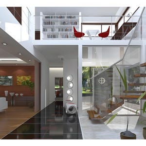 May include: A modern multi-level interior space featuring a floating wooden staircase with glass railings, a mezzanine level with a white bookshelf and two red chairs, a black tiled floor, and a living area with wood paneling and white furniture.
