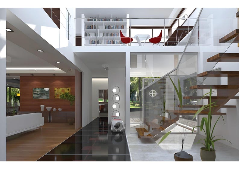 May include: A modern multi-level interior space featuring a floating wooden staircase with glass railings, a mezzanine level with a white bookshelf and two red chairs, a black tiled floor, and a living area with wood paneling and white furniture.