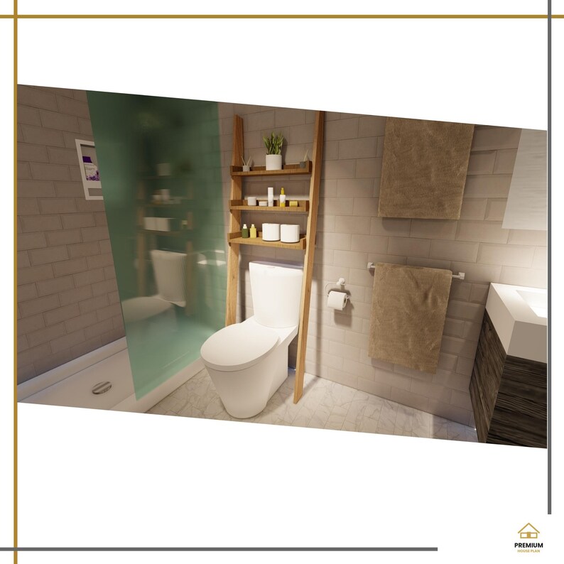 May include: A white toilet positioned in front of a wooden ladder shelf with three tiers holding various small bottles and a potted plant. A beige towel hangs on a wall-mounted rack next to the toilet, with a second towel above it.
