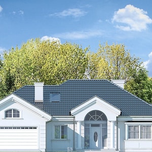 Front Facade of Classic White Villa with Large Entrance – A stunning front view of a villa with a prominent entrance, arched window, and lush greenery. Fits house plan modern and cottage house plans categories.