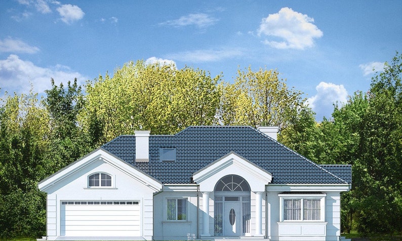 Front Facade of Classic White Villa with Large Entrance – A stunning front view of a villa with a prominent entrance, arched window, and lush greenery. Fits house plan modern and cottage house plans categories.