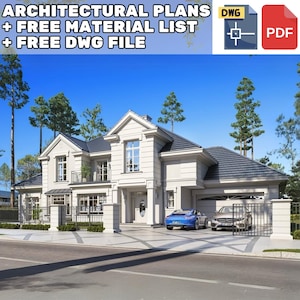 Classic two-story house with a modern touch, featuring a gated driveway, garage, and landscaped surroundings. Ideal for house plans and townhouse plan inspiration.