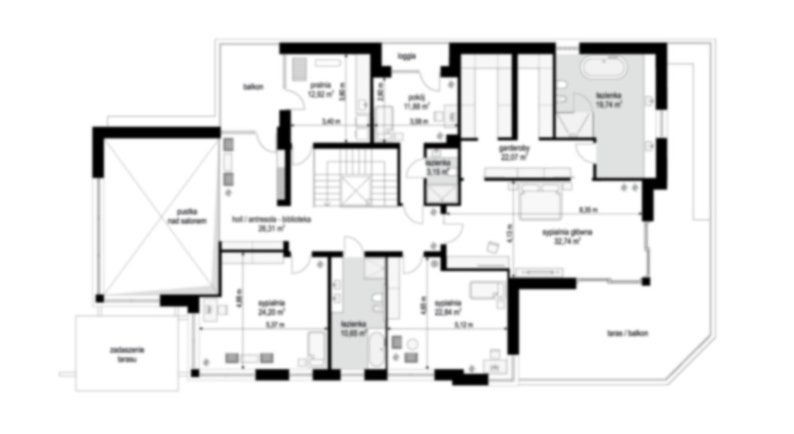 Roof plan of a contemporary home, illustrating precise measurements and surrounding outdoor features. Suitable for those interested in shed plans or small cabin designs.