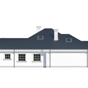 May include: A side elevation architectural rendering of a single-story house with white exterior walls and a dark gray multi-pitched roof. The design features three square windows with grid panes, two chimneys, and two small roof skylights.