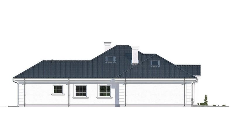 May include: A side elevation architectural rendering of a single-story house with white exterior walls and a dark gray multi-pitched roof. The design features three square windows with grid panes, two chimneys, and two small roof skylights.