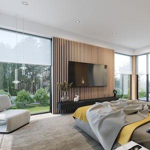 Elegant master bedroom featuring a modern layout, large windows, and a serene garden view, ideal for Scandinavian house plans or villa interiors.
