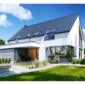 Contemporary home exterior with sleek lines, garage, and green landscaping. Ideal for modern house plans or floor plans inspiration.