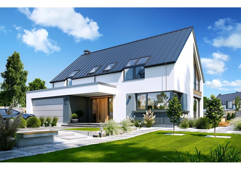 Contemporary home exterior with sleek lines, garage, and green landscaping. Ideal for modern house plans or floor plans inspiration.