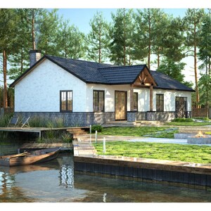 Lakefront cottage house design with rustic charm and modern aesthetics. Ideal for tiny house plans, small cabin plans, or cottage house plans. Features a serene outdoor space, fire pit, and dock for tranquil living.