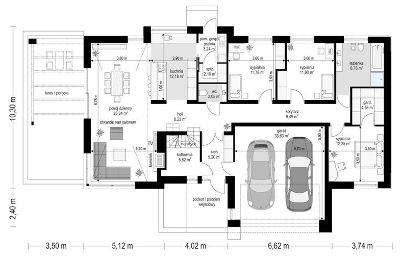 Loft-style second-floor plan layout:
A second-story floor plan featuring an open loft space, attic measurements, and functional areas. Great for showcasing townhouse plans or multi-level house plans.
