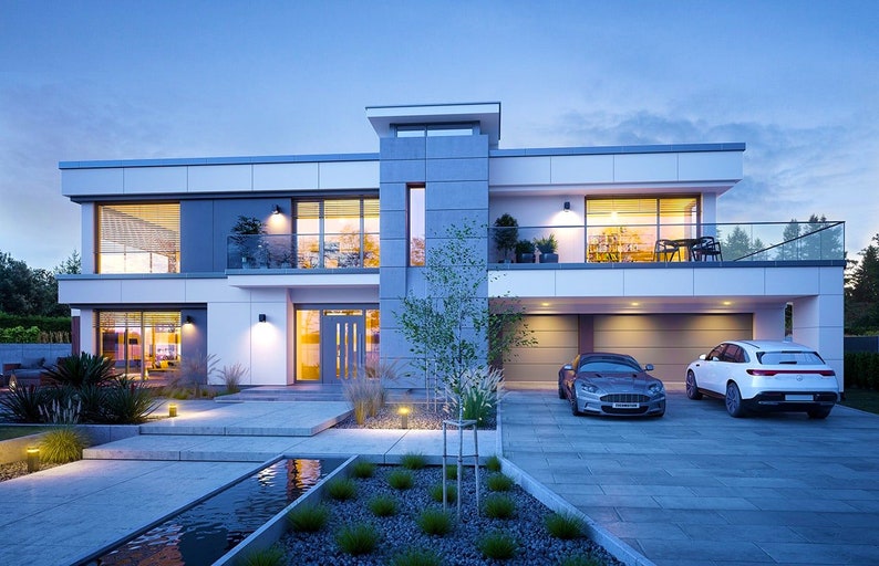 The backyard of a modern house with a swimming pool, wooden deck, and outdoor seating area. An excellent fit for modern house plans or those exploring small cabin plans.
