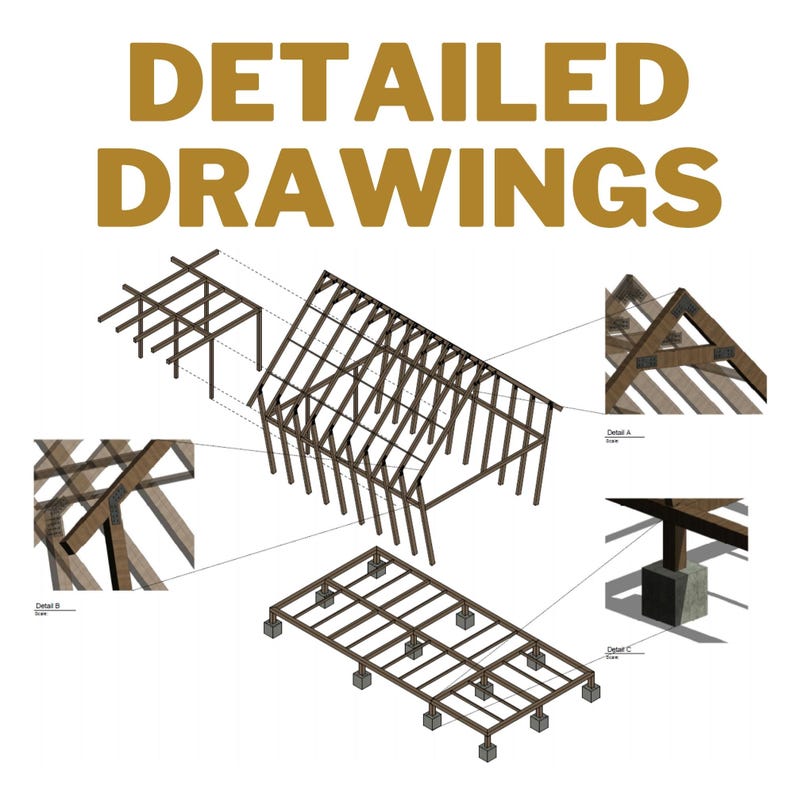 Detailed structural drawings showcasing frame construction, foundation details, and roof truss designs. Ideal for modern house plans, tiny house blueprints, and small cabin layouts, ensuring accurate and reliable building processes.