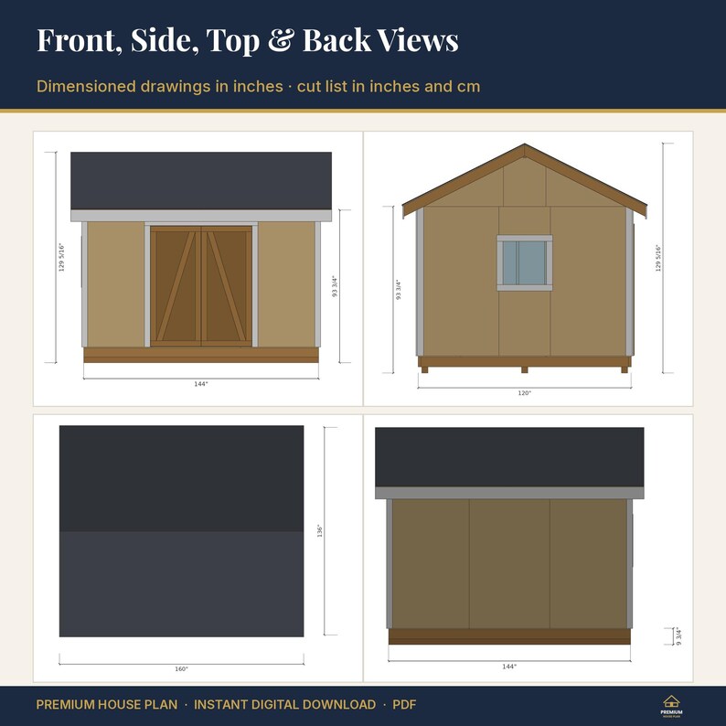 May include: A digital architectural plan titled Front, Side, Top & Back Views showing a shed design. The illustration includes four views with dimensions in inches, featuring a brown structure with a dark roof, double doors, and a window.