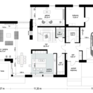 First-floor blueprint displaying bedrooms, bathrooms, and common areas. Useful for house blueprint enthusiasts or those seeking cottage house plans.