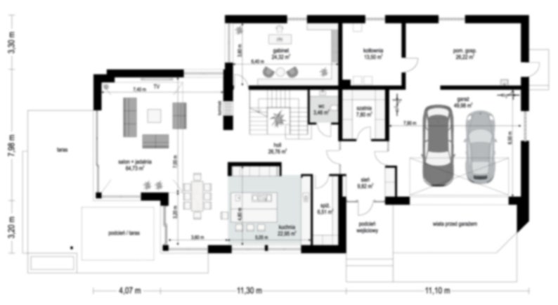 First-floor blueprint displaying bedrooms, bathrooms, and common areas. Useful for house blueprint enthusiasts or those seeking cottage house plans.
