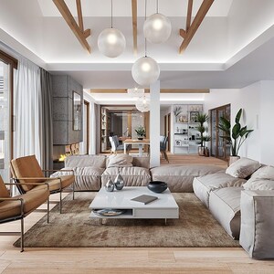 May include: A spacious living room featuring a large beige modular sofa, two brown leather armchairs with metal frames, and a white square coffee table. The room includes three spherical pendant lights, a concrete fireplace, and a brown area rug.