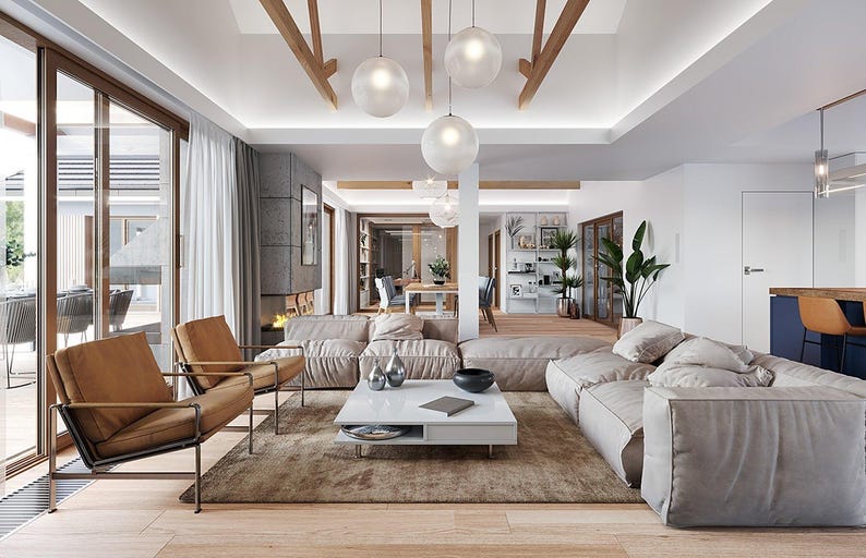 May include: A spacious living room featuring a large beige modular sofa, two brown leather armchairs with metal frames, and a white square coffee table. The room includes three spherical pendant lights, a concrete fireplace, and a brown area rug.