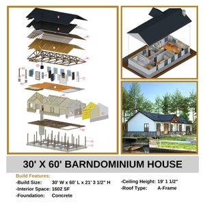 30' x 60' barndominium house plans with A-frame roof design. Includes detailed construction steps, interior space of 1602 SF, concrete foundation, and modern house blueprint. Perfect for barndominium lovers or efficient farmhouse planning.
