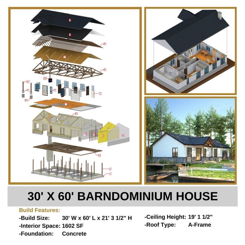 30' x 60' barndominium house plans with A-frame roof design. Includes detailed construction steps, interior space of 1602 SF, concrete foundation, and modern house blueprint. Perfect for barndominium lovers or efficient farmhouse planning.