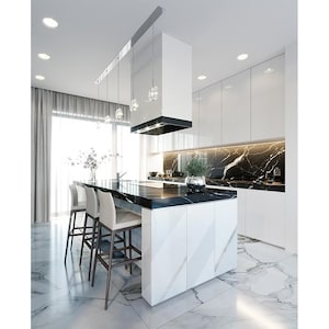 May include: Modern kitchen design featuring a white and black color scheme. The kitchen island has a black countertop and white cabinetry with a geometric pattern. High-back bar stools are positioned at the island. The kitchen also includes white cabinets and a black range hood.